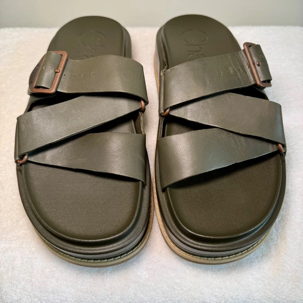 Chaco Womens Townes Slide Leather Sandals Olive Green Size 9 Buckle Chunky